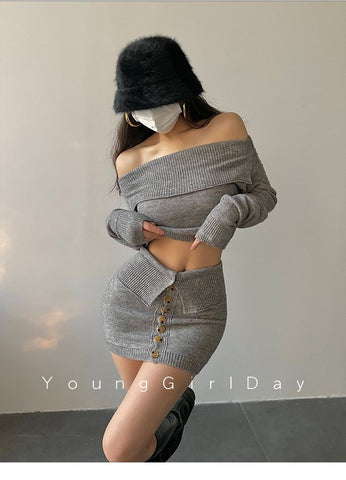 Women Sexy Shoulder Long Sleeve Short Skirt-WF00411-Veeddydropshipping