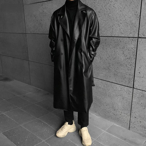 Faux Leather Trench Coat Men Drop Shoulder Belt Faux-MF01376-Veeddydropshipping
