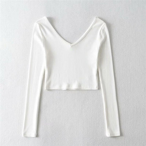 Women’s Slim Crop Tops Bottoming V-neck Long Sleeve T-Shirts--Veeddydropshipping