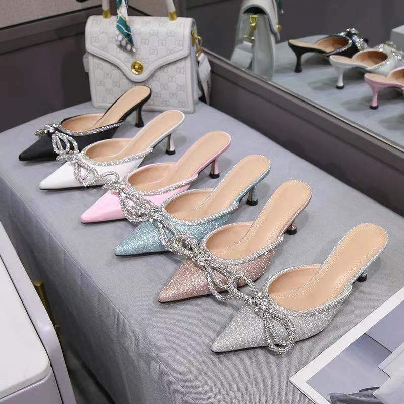 Rhinestone Baotou Shallow Mouth Slippers Middle Heel-BS01001-Veeddydropshipping