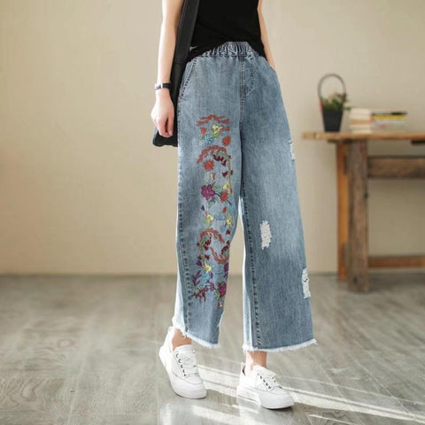 High Street Style Floral Embroidery Bleached Denim Pants-WF00489-Veeddydropshipping