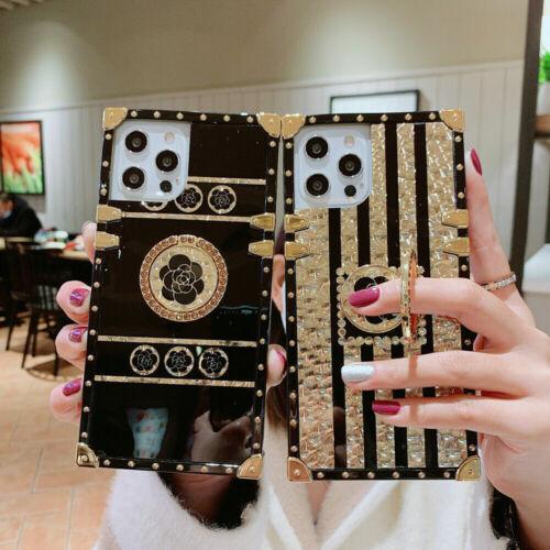 For iPhone 14 13 12 11 8 XS Glitter Bling Gold Flower Square Case Ring Kickstand-PA00170-Veeddydropshipping