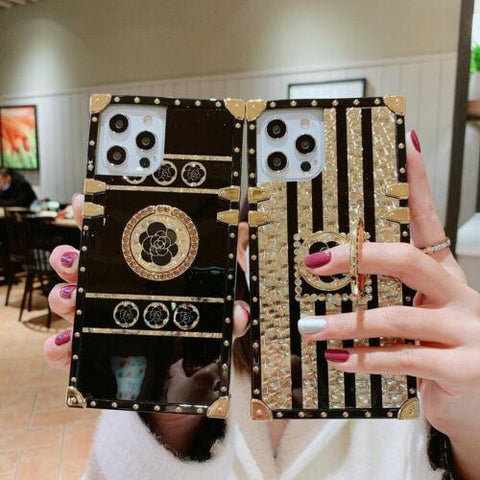 For iPhone 14 13 12 11 8 XS Glitter Bling Gold Flower Square Case Ring Kickstand-PA00170-Veeddydropshipping