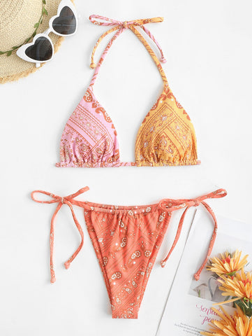 Swimwear Ribbed Bohemian Paisley Print String Halter Bikini Set Women Tie Side -OS00127-Veeddydropshipping