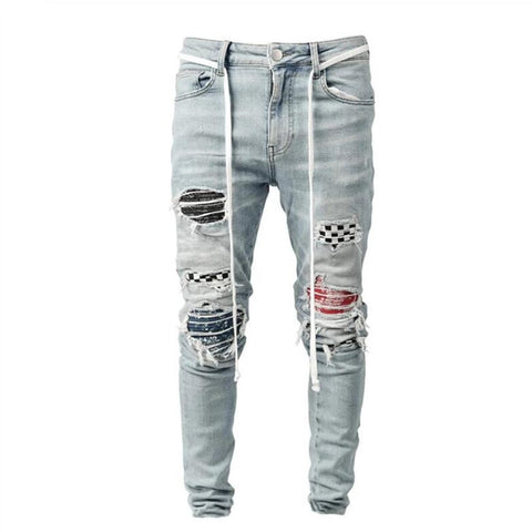 Jeans Fashion Grid Beggar Patches Slim Fit Stretch-MF00631-Veeddydropshipping