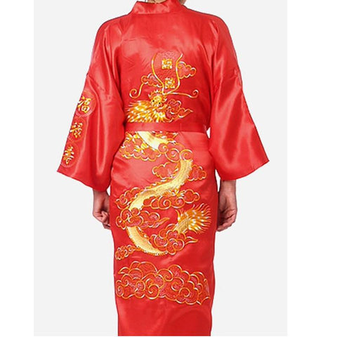 Men&#39;s Satin Silk Robe Embroidery Kimono Bath Gown Dragon-MF01602-Veeddydropshipping