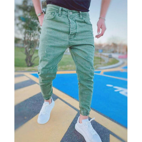 Elastic Waist Casual Pants Green Slim Fit Trousers Khaki-MF00652-Veeddydropshipping