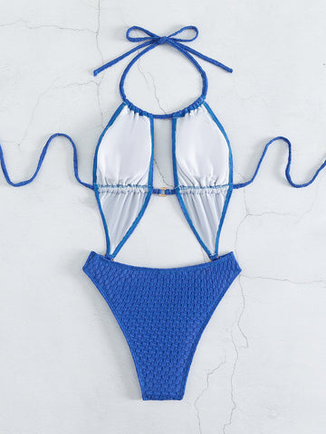 Sexy Blue One Piece Swimsuit Women Solid Hollow Out Metal Chain Thong Swimwear -OS00134-Veeddydropshipping