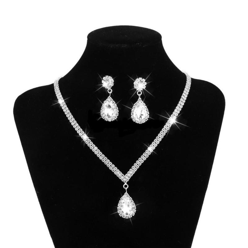 Water Drop Full Crystal Silver Plated  Bridal Wedding Jewelry Set -JW00352-Veeddydropshipping