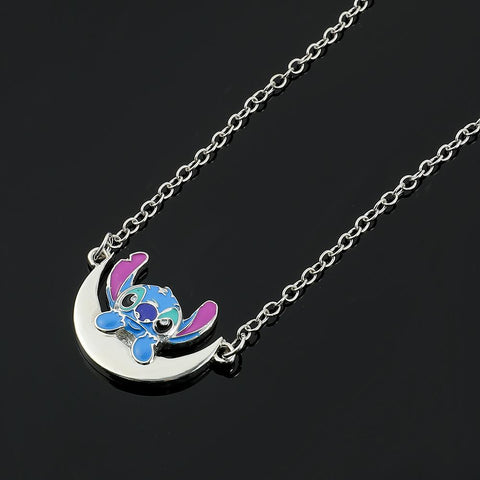 Stitch Necklace Silver Plated Crescent Half Moon Pendant -JW01281-Veeddydropshipping