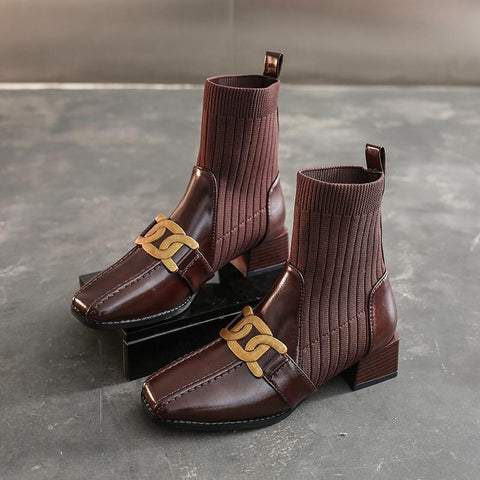 Square Toe Low Heel Ladies Ankle Boots Solid Color Sewing-BS00933-Veeddydropshipping