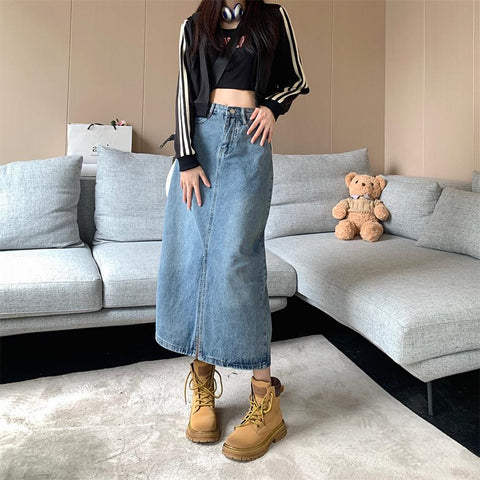 Vintage High Waist Slit Denim Skirt Women-WF00405-Veeddydropshipping