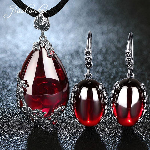 Vintage Garnet 925 Sterling Silver Drop Gemstone Pendant Necklace-JW00111-Veeddydropshipping