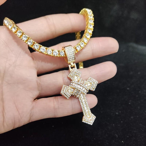 Hip Hop Cross Pendant Necklace Zircon Tennis out Bling chocker -JW00263-Veeddydropshipping