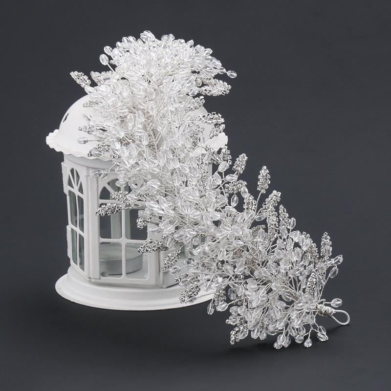 white crystal handmade beaded rhinestone bridal crown  -JW00465-Veeddydropshipping