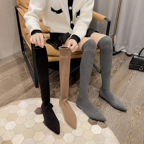 The Knee Black Brown Gray Stretch Shoes Fashion Party-BS00918-Veeddydropshipping