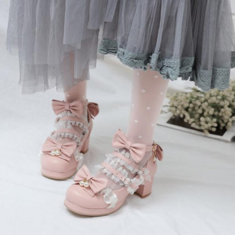 Mary Jane Lace Metal Buckle Girls High Heel Bow Princess-BS00882-Veeddydropshipping