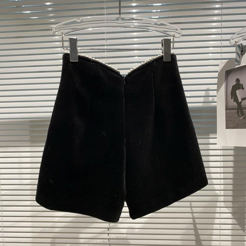 Diamond Button High Waist Casual Velvet Shorts-WF00440-Veeddydropshipping