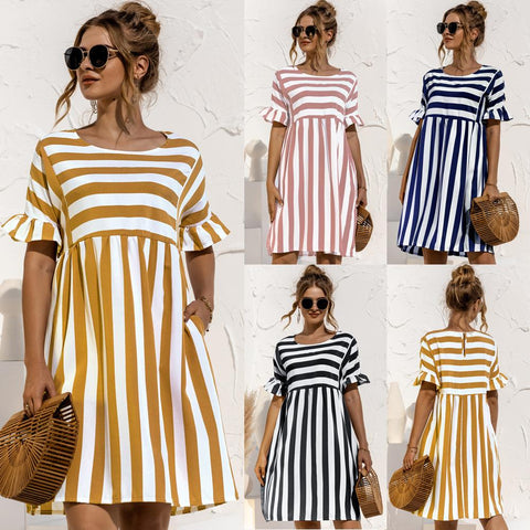 Women Summer Beach Dress Maternity Clothes Loose Striped Ruffles-TB00579-Veeddydropshipping