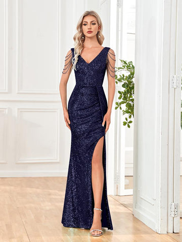 Women Elegant V-Neck Sequins Party Dress-WF01587-Veeddydropshipping