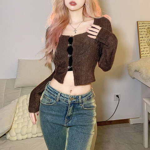 Women Clothing Slim Camisole Square Collar Cardigan Set-WF00268-Veeddydropshipping
