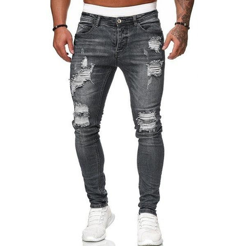 Jeans Blue Slim Fit Hole Pencil Pants Biker Casual Trousers-MF00446-Veeddydropshipping
