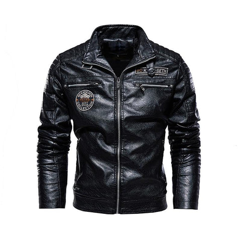 Fleece Motorcycle PU Leahter Jacket Male  Stand Collar Casual-MF01356-Veeddydropshipping