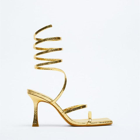 High-heeled Shoes 2022 TRAF ZAZA Gold Spiral Strap Fashion Sandals-BS00887-Veeddydropshipping
