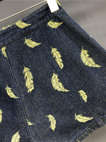 Embroidery Pattern Splice Denim Shorts Women-WF00517-Veeddydropshipping