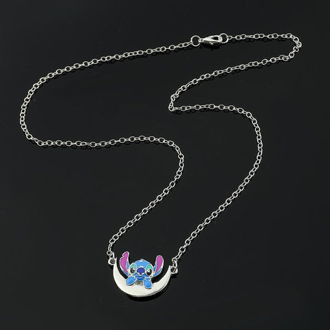 Stitch Necklace Silver Plated Crescent Half Moon Pendant -JW01281-Veeddydropshipping
