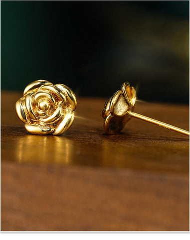 18K Gold Stud Earrings Women Gold Luxur Dimensional Rose Gifts -JW00087-Veeddydropshipping