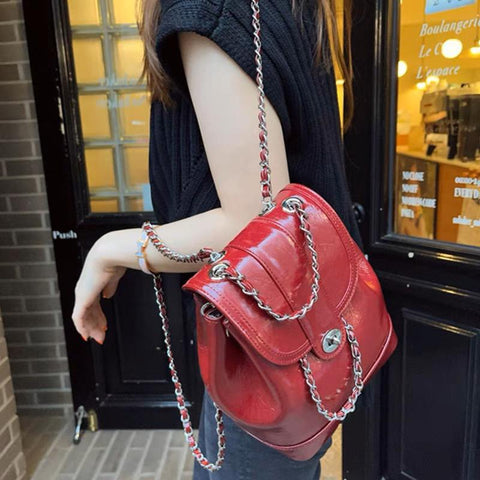 Chains Backpack Female Ins Student Oil Wax Leather Shoulder Bag Travel-BS00030-Veeddydropshipping