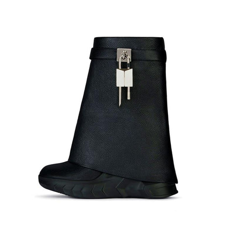Leather Short Boots Round Head Lock Lock Shark Boots Women&#39;s-BS01033-Veeddydropshipping