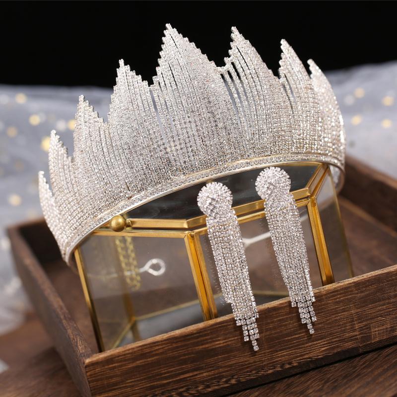 Crystal Bridal  Crown With Earrings Hair Accessories  -JW00513-Veeddydropshipping