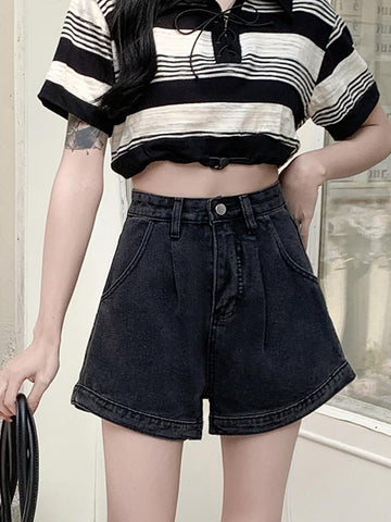 Wide Leg Button Denim Shorts High Waist Jeans-WF00097-Veeddydropshipping