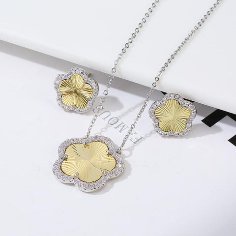 Lucky Jewelry Zircon CZ Simple Inlaid Plant Flower Pendant set-JW01328-Veeddydropshipping
