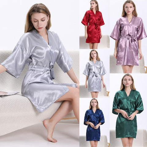 Satin 3/4 Sleeve Button Down Notched Neck Nightgown Sleepwear-MF01581-Veeddydropshipping