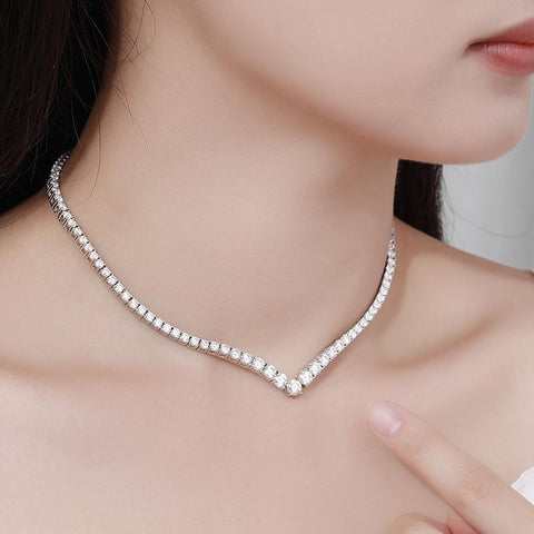 V-shaped Full Moissanite Tennis Necklace 925 Sterling Silver Chain-JW00084- Veeddydropshipping