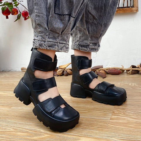 Leather Women Shoes Square Toe Hollow Out Platform Boots-BS01020-Veeddydropshipping