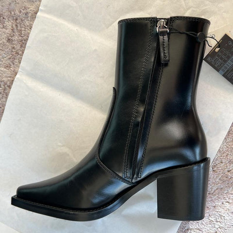 Heel Black Pointed Toe Side Zipper Middle Heel Short Boots-BS00914-Veeddydropshipping
