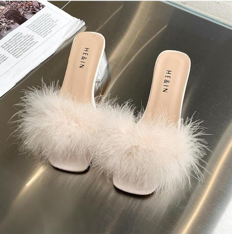 Heels Woman Feather Fur Slippers Pumps Women Cute-BS01232-Veeddydropshipping