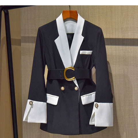 Women Stitching Suit Long Sleeve Slim belt Blazer-Veeddydropshipping