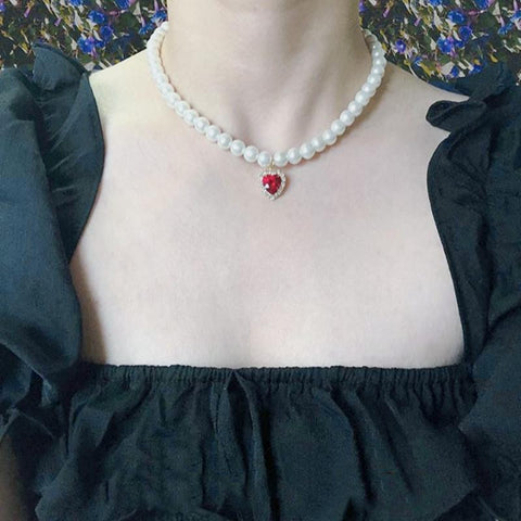 Love Heart Pendant Choker Zircon Pearl Chain Necklace -JW00156-Veeddydropshipping