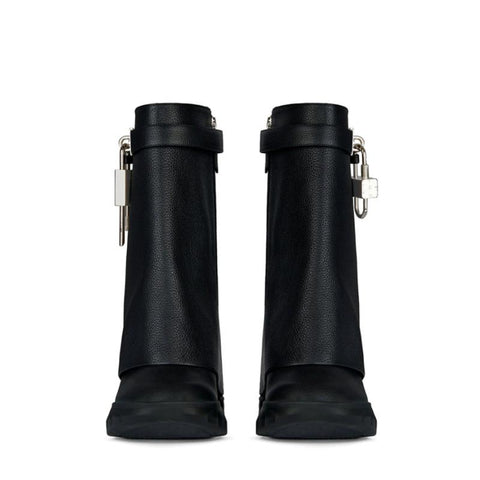 Leather Short Boots Round Head Lock Lock Shark Boots Women&#39;s-BS01033-Veeddydropshipping