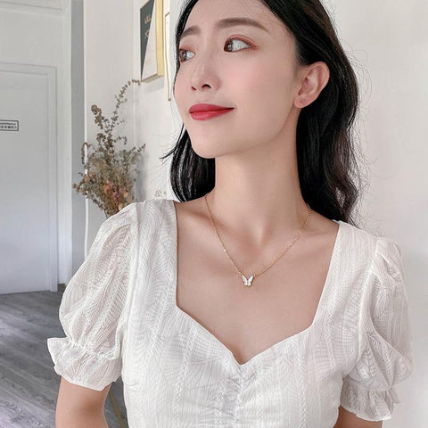 Korean Acrylic Butterfly Pendant Necklace For Women Gold Color-JW01336-Veeddydropshipping