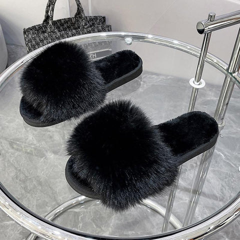 Winter Simple Word Fur Flats Soft Home Women Slippers Faux Fur-BS01121-Veeddydropshipping