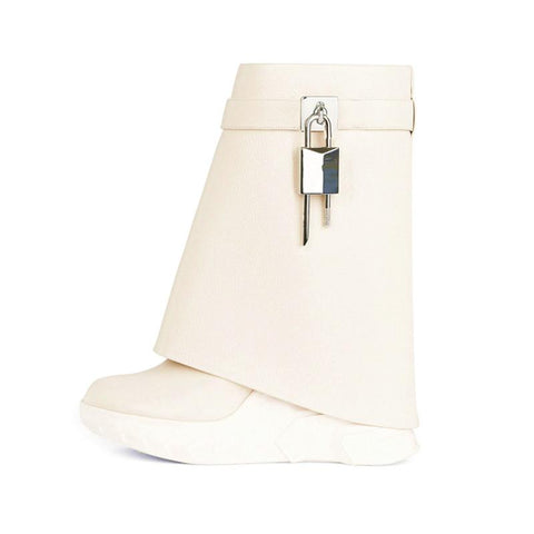 Leather Short Boots Round Head Lock Lock Shark Boots Women&#39;s-BS01033-Veeddydropshipping
