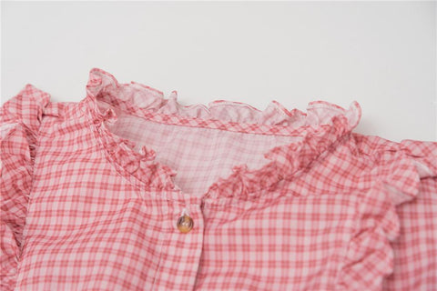 Retro Plaid Single-breasted Shirt Puff Sleeve Ruffled Round Neck-WF00288-Veeddydropshipping
