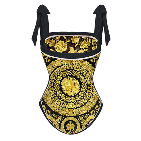 Gold Double-sided Printed Bikini One-piece Strap Sexy Waist Swimsuit Independent-OS00025-Veeddydropshipping