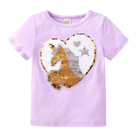 Girls Summer T-Shirt Kids Unicorn Pattern Discoloration Tops Tees-Veeddydropshipping